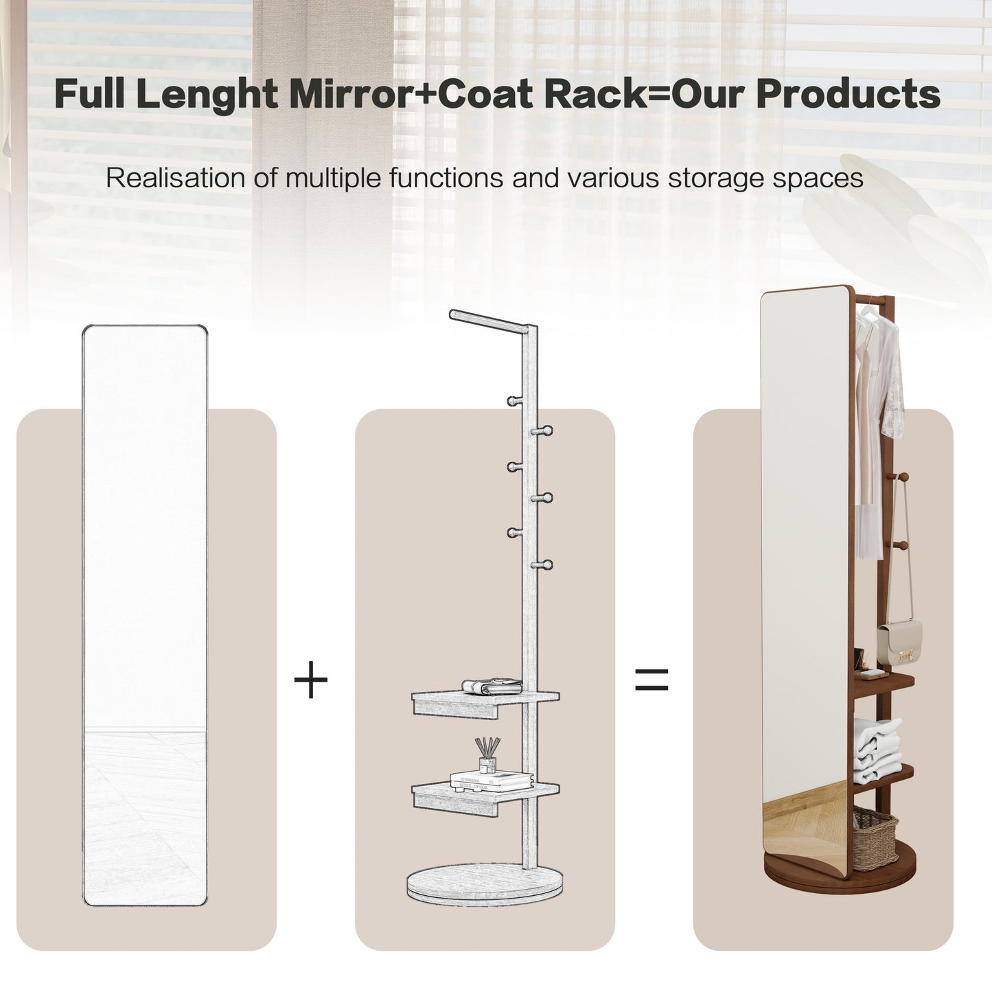 Cosmetics storage Full-length mirror solid wood + rubber wood + glass, 65.7*17.7in(mirror width:13.7in) Large mirror for viewing the whole body, easy to dress and tidy up and place in the bedroom/living room (Walnut)【Local Goods】