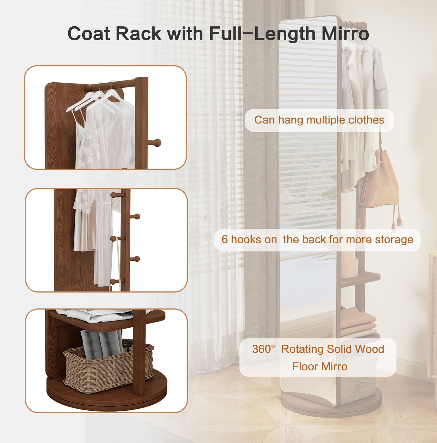 Cosmetics storage Full-length mirror solid wood + rubber wood + glass, 65.7*17.7in(mirror width:13.7in) Large mirror for viewing the whole body, easy to dress and tidy up and place in the bedroom/living room (Walnut)【Local Goods】