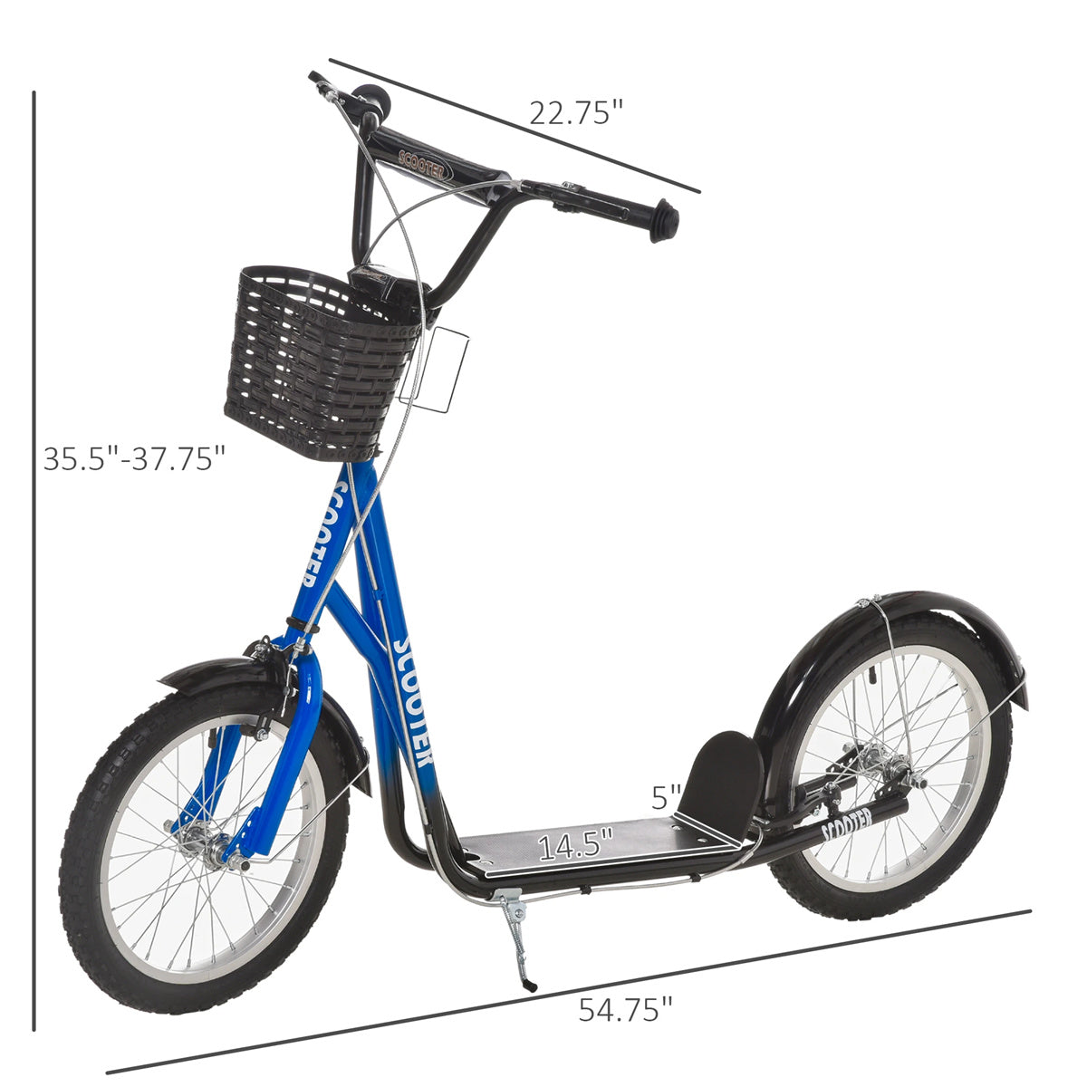 Ride and Slide Youth Scooter with Adjustable Handlebars and plastic basket 16" Inflatable Rubber Tires -Blue