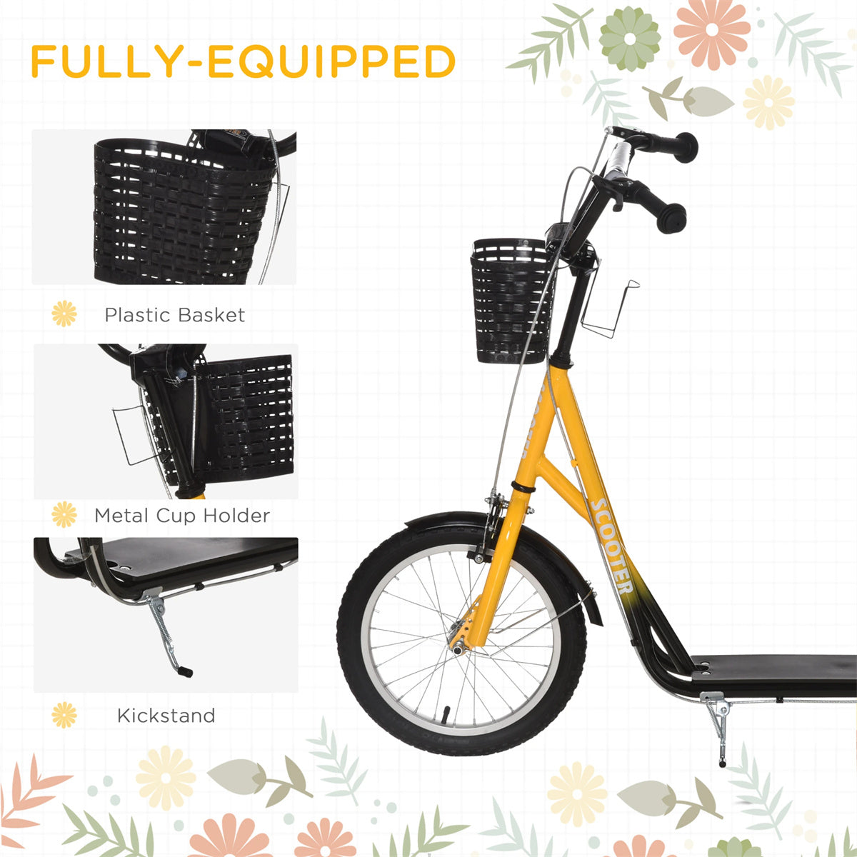Ride and Slide Youth Scooter with Adjustable Handlebars and plastic basket 16" Inflatable Rubber Tires -Orange
