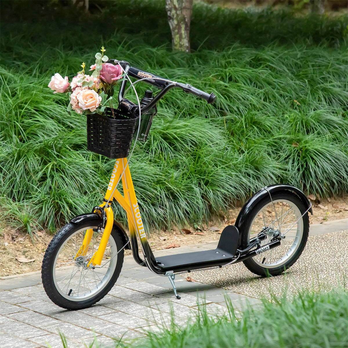 Ride and Slide Youth Scooter with Adjustable Handlebars and plastic basket 16" Inflatable Rubber Tires -Orange