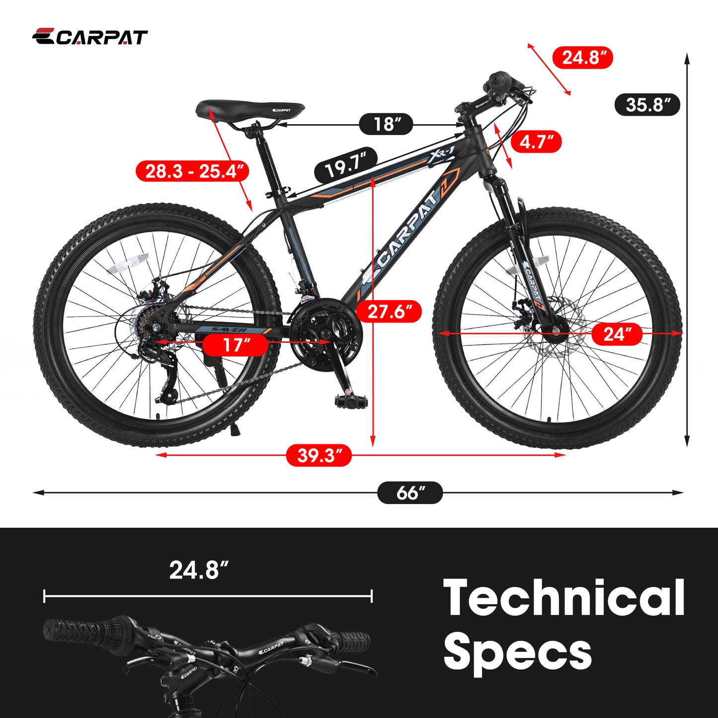 Ride and Slide 24 Inch Mountain Bike Boys Girls, Steel Frame, Shimano 21 Speed Mountain Bicycle with Daul Disc Brakes and Front Suspension MTB
