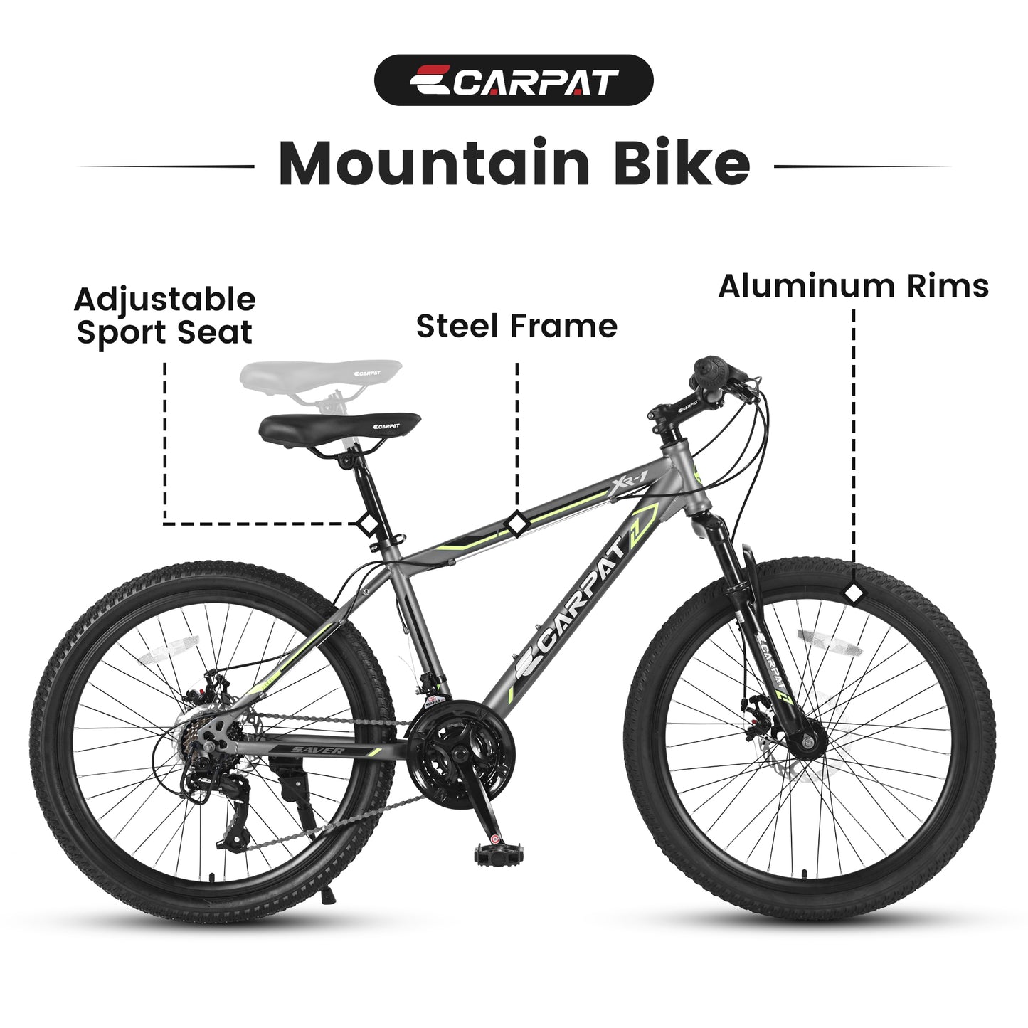Ride and Slide 24 Inch Mountain Bike Boys Girls, Steel Frame, Shimano 21 Speed Mountain Bicycle with Daul Disc Brakes and Front Suspension MTB