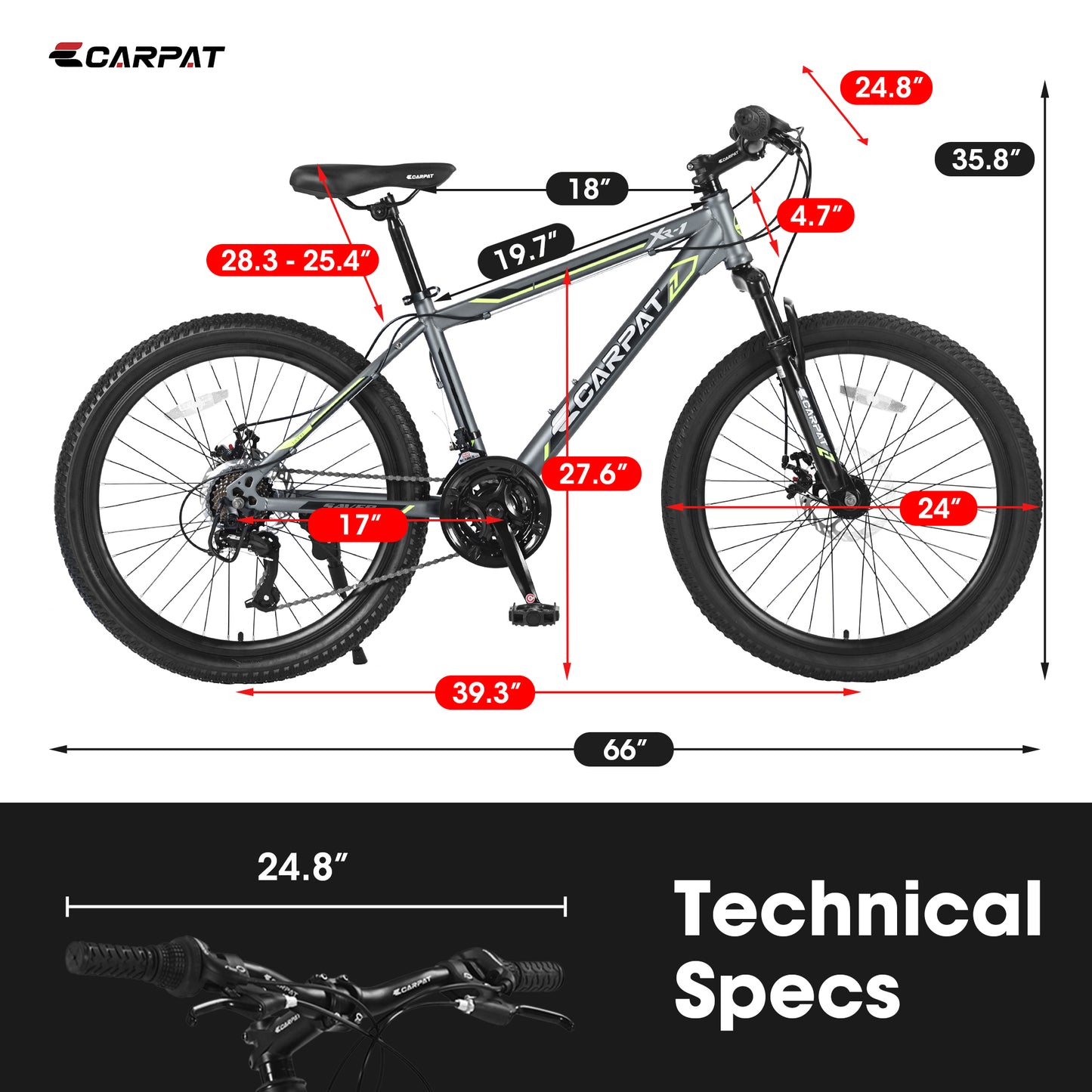 Ride and Slide 24 Inch Mountain Bike Boys Girls, Steel Frame, Shimano 21 Speed Mountain Bicycle with Daul Disc Brakes and Front Suspension MTB