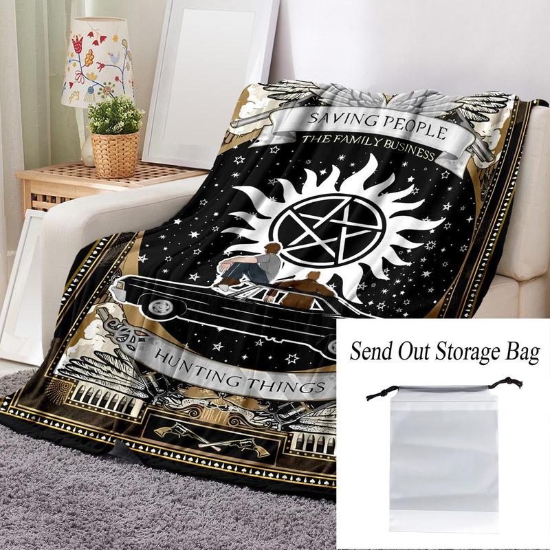 Figure & Sun Pattern Flannel Blanket, 1 Count Hunting Things Themed Casual Soft Throw Blanket with Storage Bag, Cozy Blanket Throw, Warm Napping Blanket for Home Office Travel Camping Family, Bedroom Accessories, Room Decor, Slogan Print Blanket