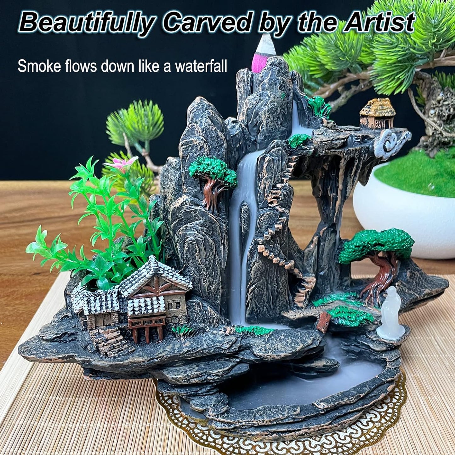 Incense Holders Mountain Waterfall Incense Burner,Backfall Incense Holder River, Incense Falls Meditation Decor for Room with Upgrade Incense Cones and Accessories (Mountain)