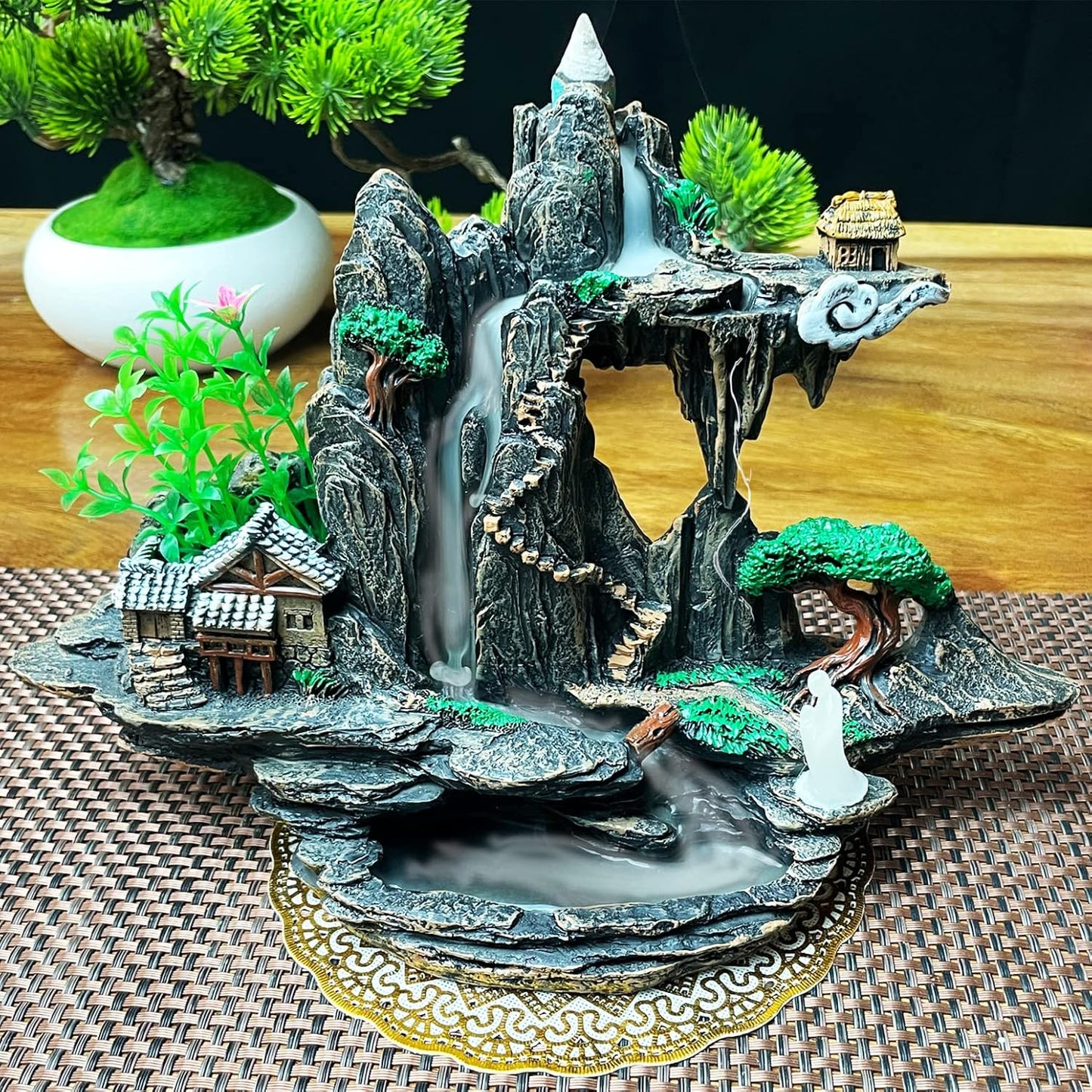Incense Holders Mountain Waterfall Incense Burner,Backfall Incense Holder River, Incense Falls Meditation Decor for Room with Upgrade Incense Cones and Accessories (Mountain)