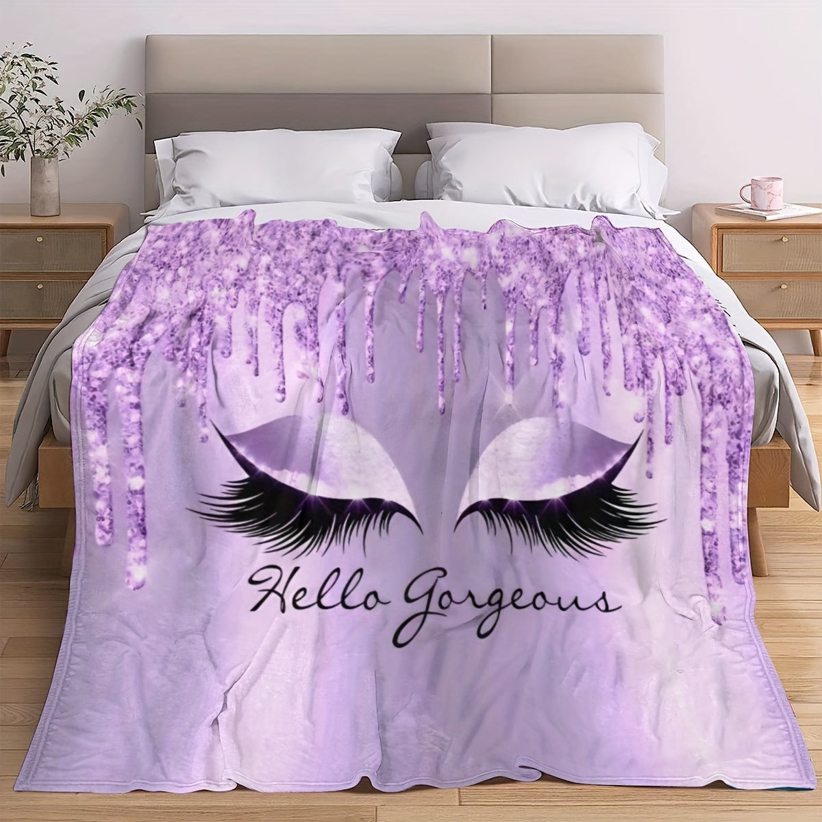 1pc Purple Eyelash Print Flannel Blanket – Soft, Cozy, and Stylish with "Hello Gorgeous" Design – Perfect for Birthdays, Christmas, Appreciation Gifts – Ideal for Naps, Office, School, Picnics, Travel, and More, Best for Christmas