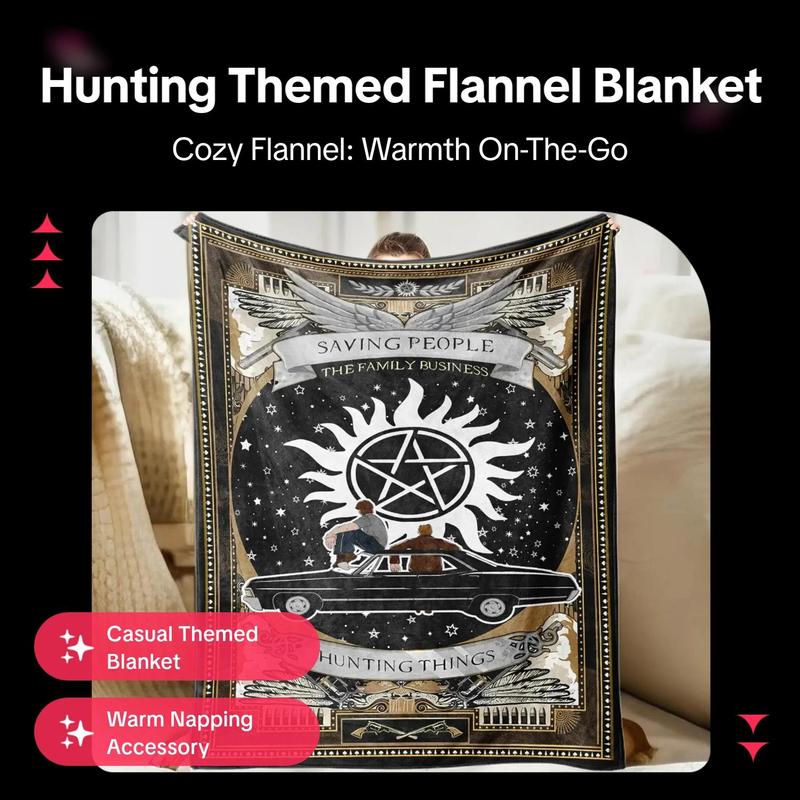 Figure & Sun Pattern Flannel Blanket, 1 Count Hunting Things Themed Casual Soft Throw Blanket with Storage Bag, Cozy Blanket Throw, Warm Napping Blanket for Home Office Travel Camping Family, Bedroom Accessories, Room Decor, Slogan Print Blanket