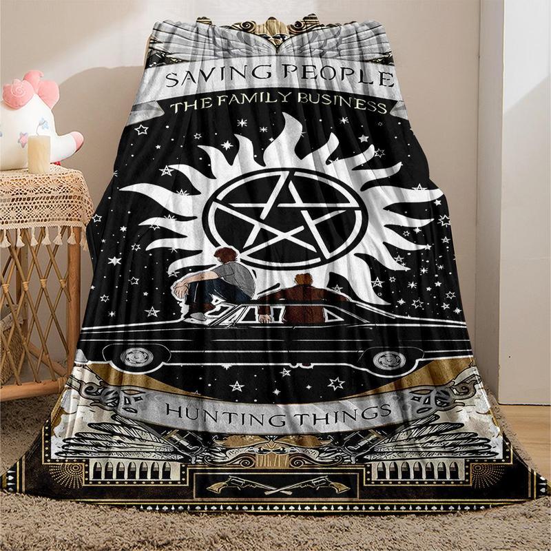 Figure & Sun Pattern Flannel Blanket, 1 Count Hunting Things Themed Casual Soft Throw Blanket with Storage Bag, Cozy Blanket Throw, Warm Napping Blanket for Home Office Travel Camping Family, Bedroom Accessories, Room Decor, Slogan Print Blanket