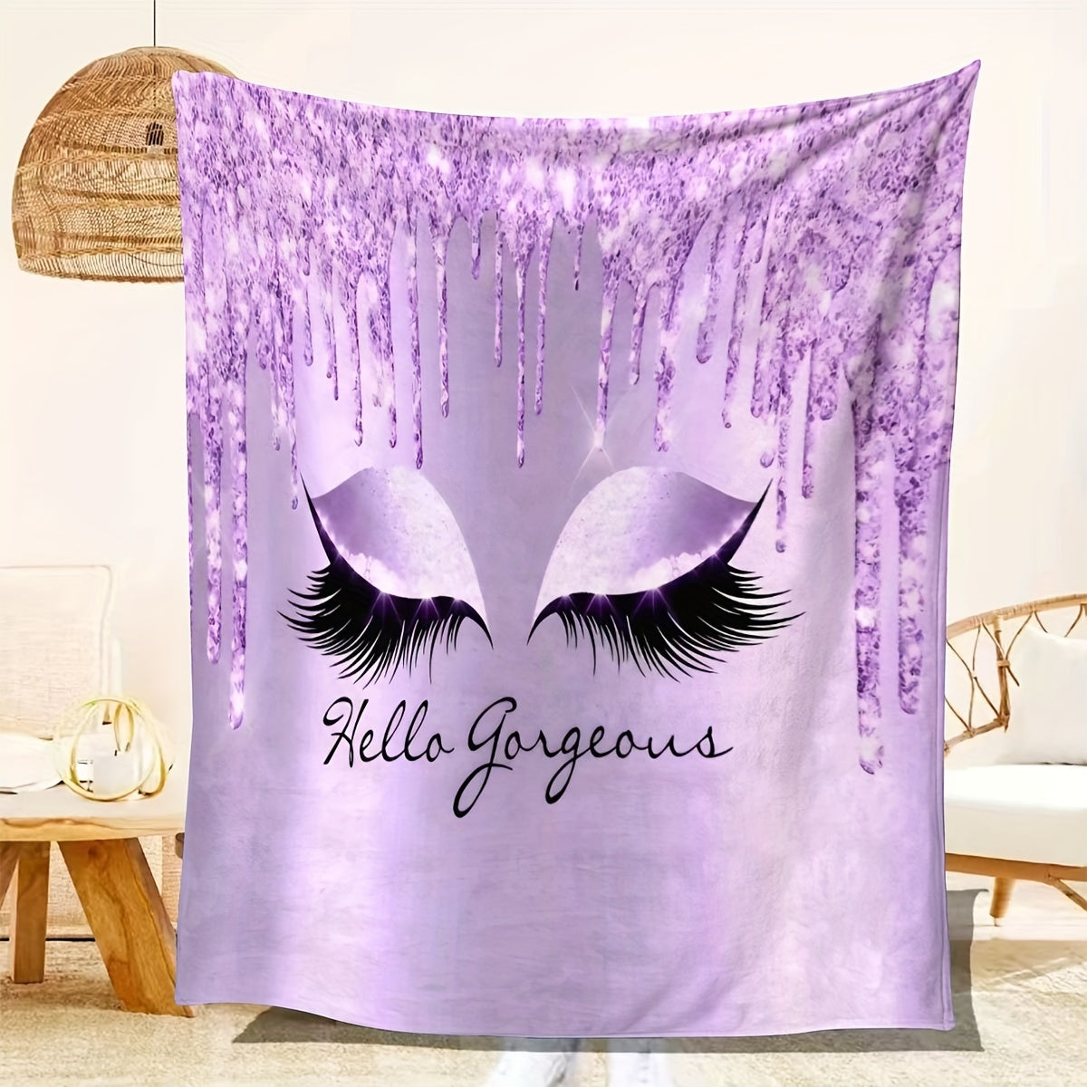 1pc Purple Eyelash Print Flannel Blanket – Soft, Cozy, and Stylish with "Hello Gorgeous" Design – Perfect for Birthdays, Christmas, Appreciation Gifts – Ideal for Naps, Office, School, Picnics, Travel, and More, Best for Christmas