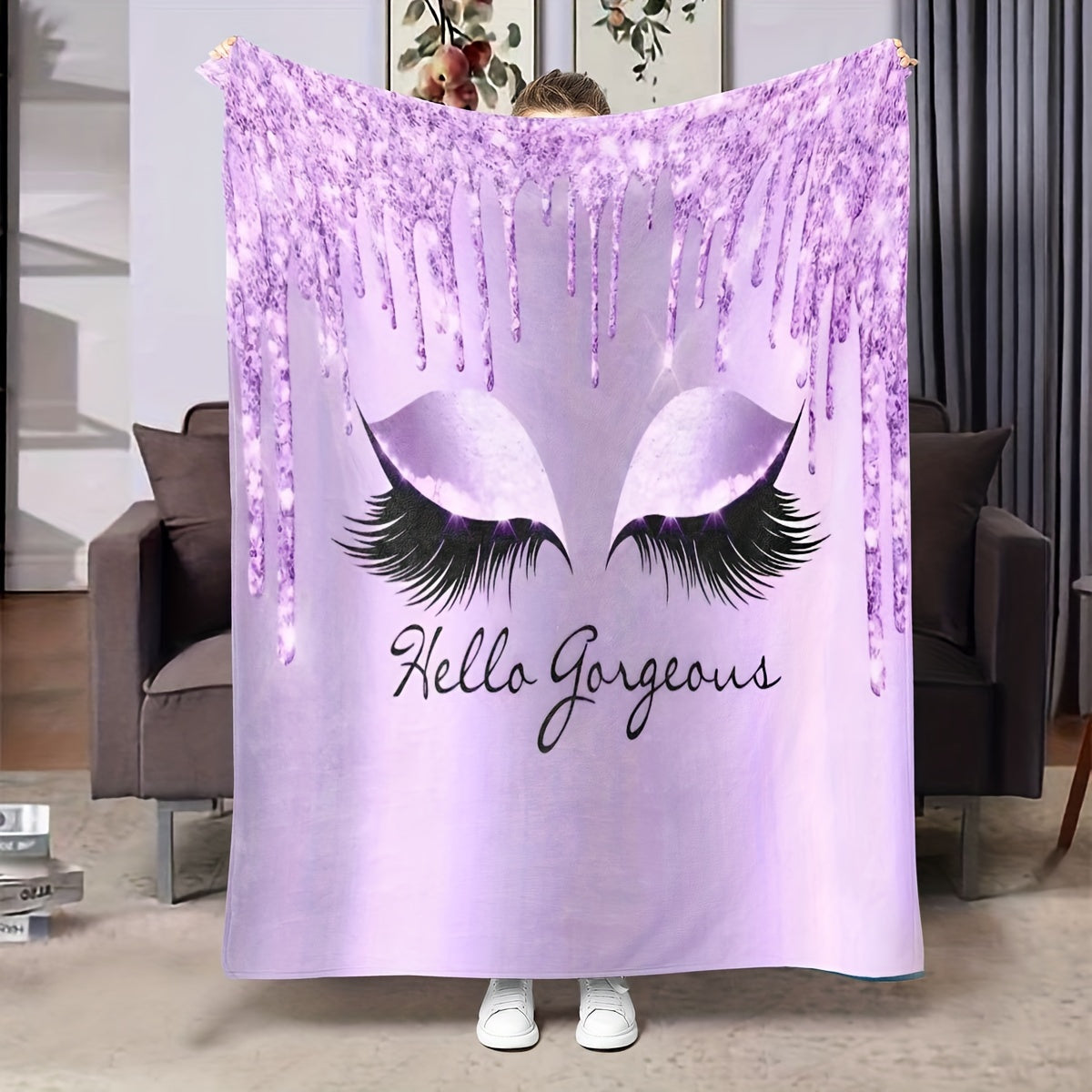 1pc Purple Eyelash Print Flannel Blanket – Soft, Cozy, and Stylish with "Hello Gorgeous" Design – Perfect for Birthdays, Christmas, Appreciation Gifts – Ideal for Naps, Office, School, Picnics, Travel, and More, Best for Christmas