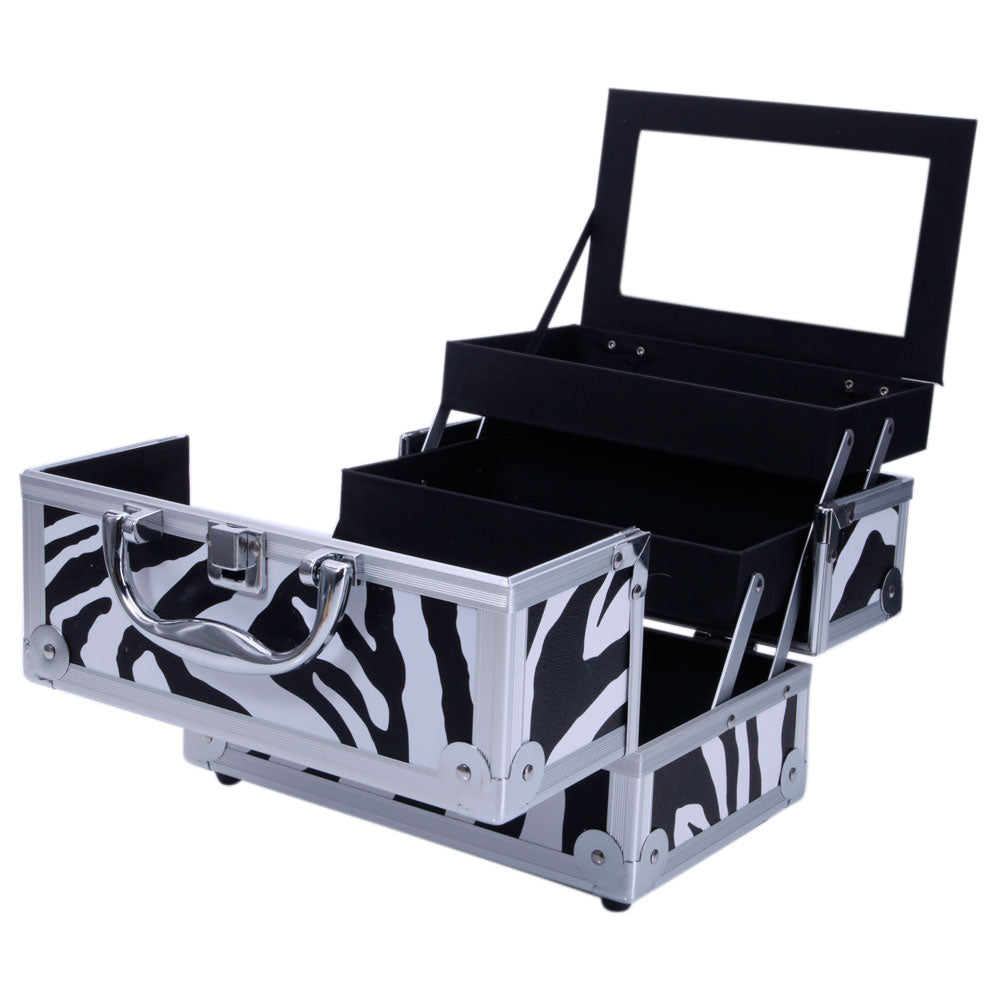 Cosmetics storage SM-2176 Aluminum Makeup Train Case Jewelry Box Cosmetic Organizer with Mirror 9"x6"x6" White Zebra【Local Goods】