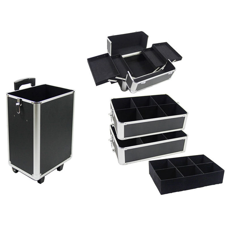 Cosmetics storage 4-in-1 Draw-bar Style Interchangeable Aluminum Rolling Makeup Case Black【Local Goods】