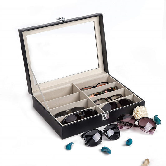 Cosmetics storage Leather Multi Sunglasses Organizer for Women Men Eyeglasses Eyewear Display Case Sunglass Glasses Storage Holder Box Sunglasses Collection Case with 8 Slots Black【Local Goods】