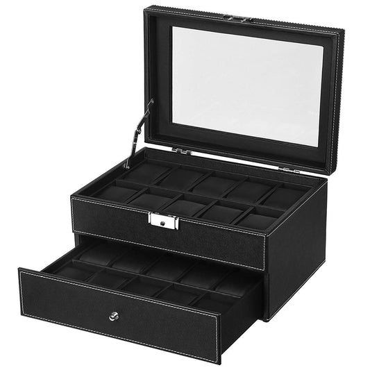 Cosmetics storage Watch Box 20 Mens Case Glass Top Display Organizer Lockable Black【Local Goods】