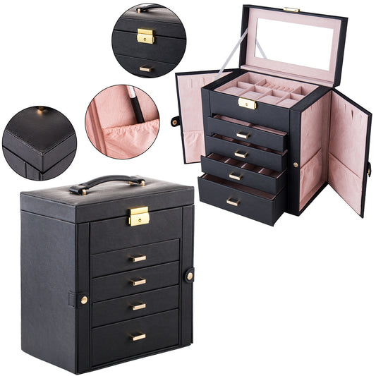 Cosmetics storage Synthetic Leather Huge Jewelry Box Mirrored Watch Organizer Necklace Ring Earring Storage Lockable Gift Case Black【Local Goods】