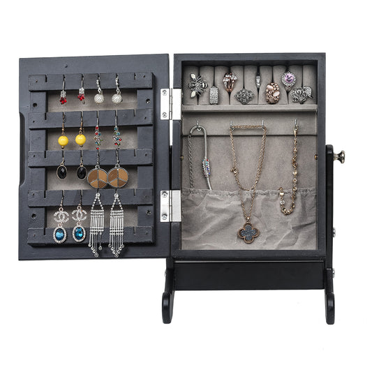 Cosmetics storage Small Mirror Jewelry Cabinet Organizer Armoire Storage Box Countertop with Stand Black【Local Goods】
