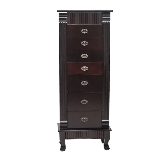 Cosmetics storage Standing Jewelry Armoire Cabinet Makeup Mirror and Top Divided Storage Organizer, Large Standing Jewelry Armoire Storage Chest with 7 Drawers, 2 Swing Doors,16 Necklace Hooks, Dark Brown   Beige Flann【Local Goods】