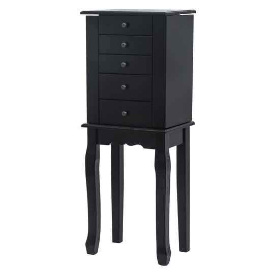 Cosmetics storage Standing Jewelry Armoire with Mirror, 5 Drawers & 6 Necklace Hooks, Jewelry Cabinet Chest with Top Storage Organizer , 2 Side Swing Doors(Black)【Local Goods】
