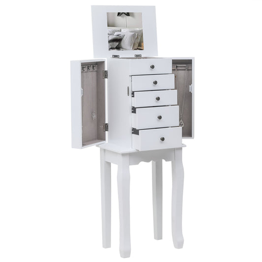Cosmetics storage Standing Jewelry Armoire with Mirror, 5 Drawers & 8 Necklace Hooks, Jewelry Cabinet Chest with Top Storage Organizer , 2 Side Swing Doors(White)【Local Goods】