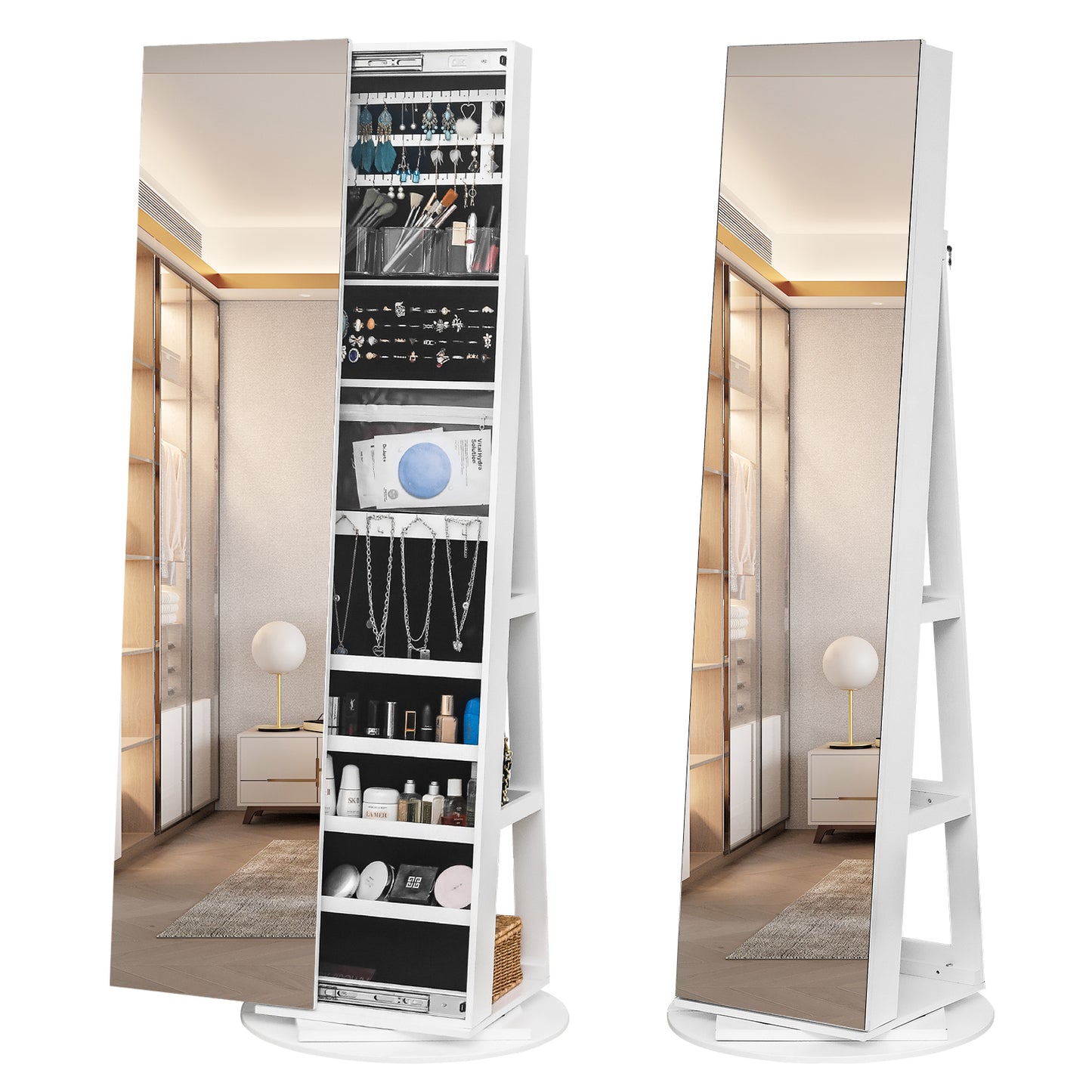 Cosmetics storage Jewelry Armoire with Full Length Mirror 360° and Large Capacity Jewelry Organizer Armoire, Lockable Mirror with Jewelry Storage, Multi Storage Shelves【Local Goods】