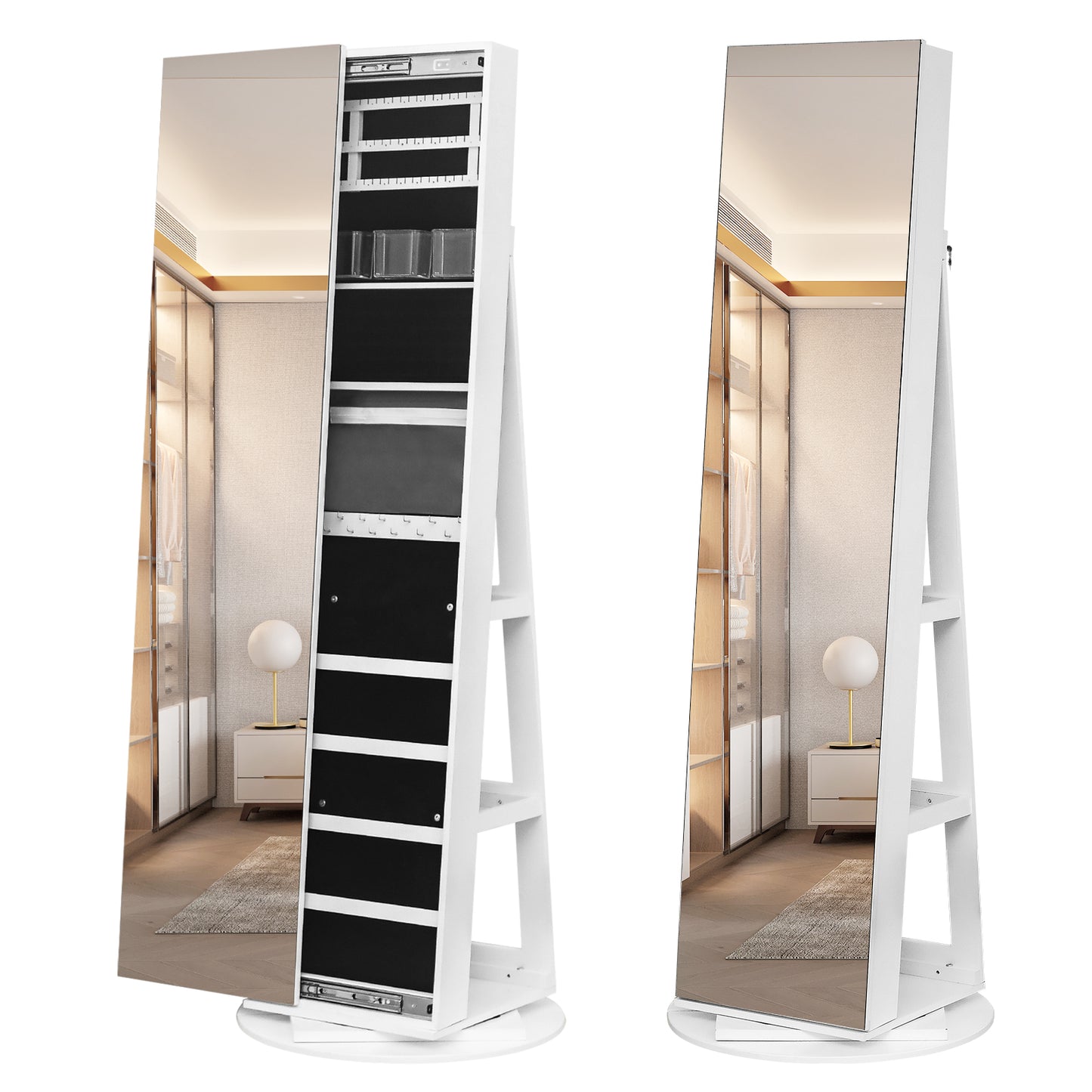 Cosmetics storage Jewelry Armoire with Full Length Mirror 360° and Large Capacity Jewelry Organizer Armoire, Lockable Mirror with Jewelry Storage, Multi Storage Shelves【Local Goods】