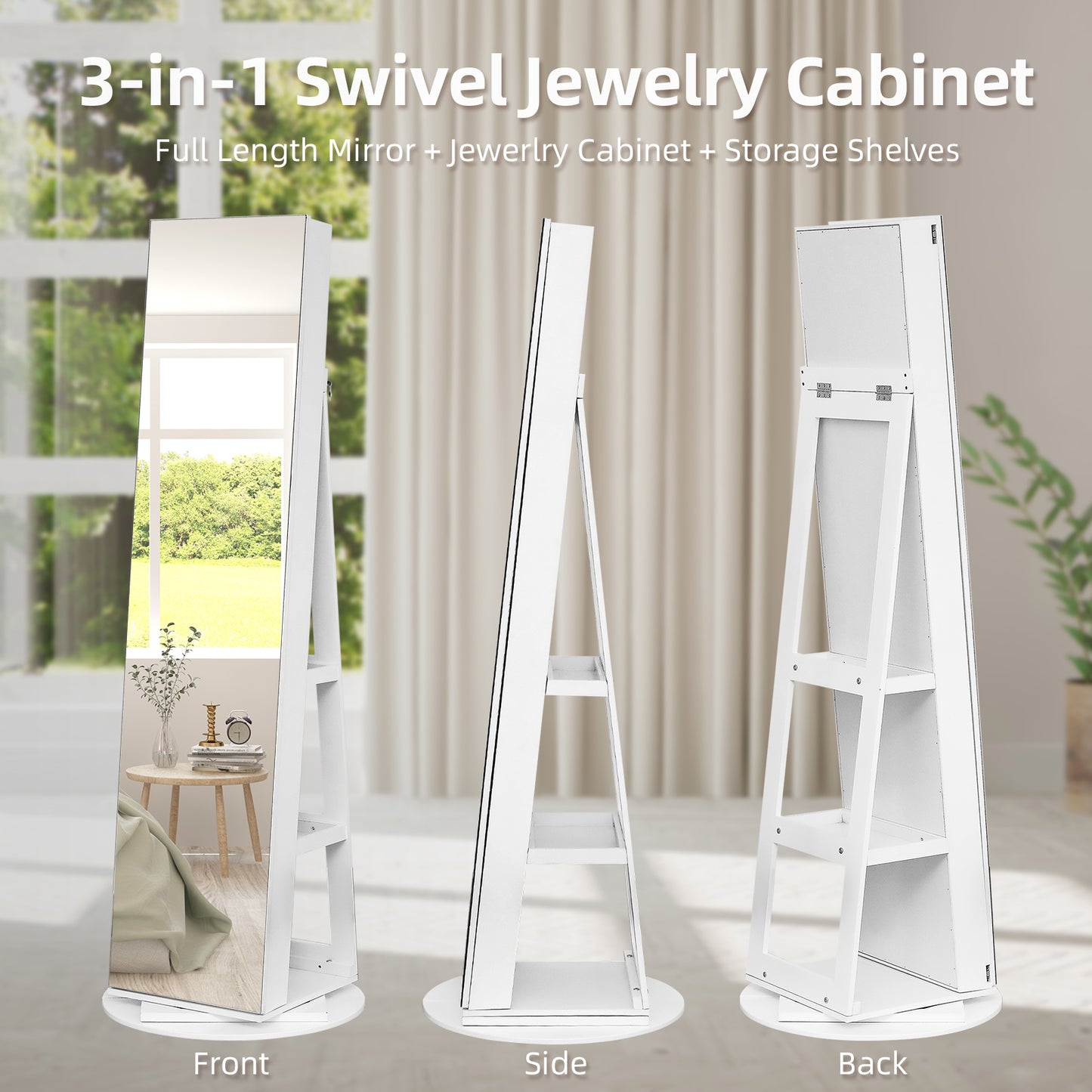 Cosmetics storage Jewelry Armoire with Full Length Mirror 360° and Large Capacity Jewelry Organizer Armoire, Lockable Mirror with Jewelry Storage, Multi Storage Shelves【Local Goods】