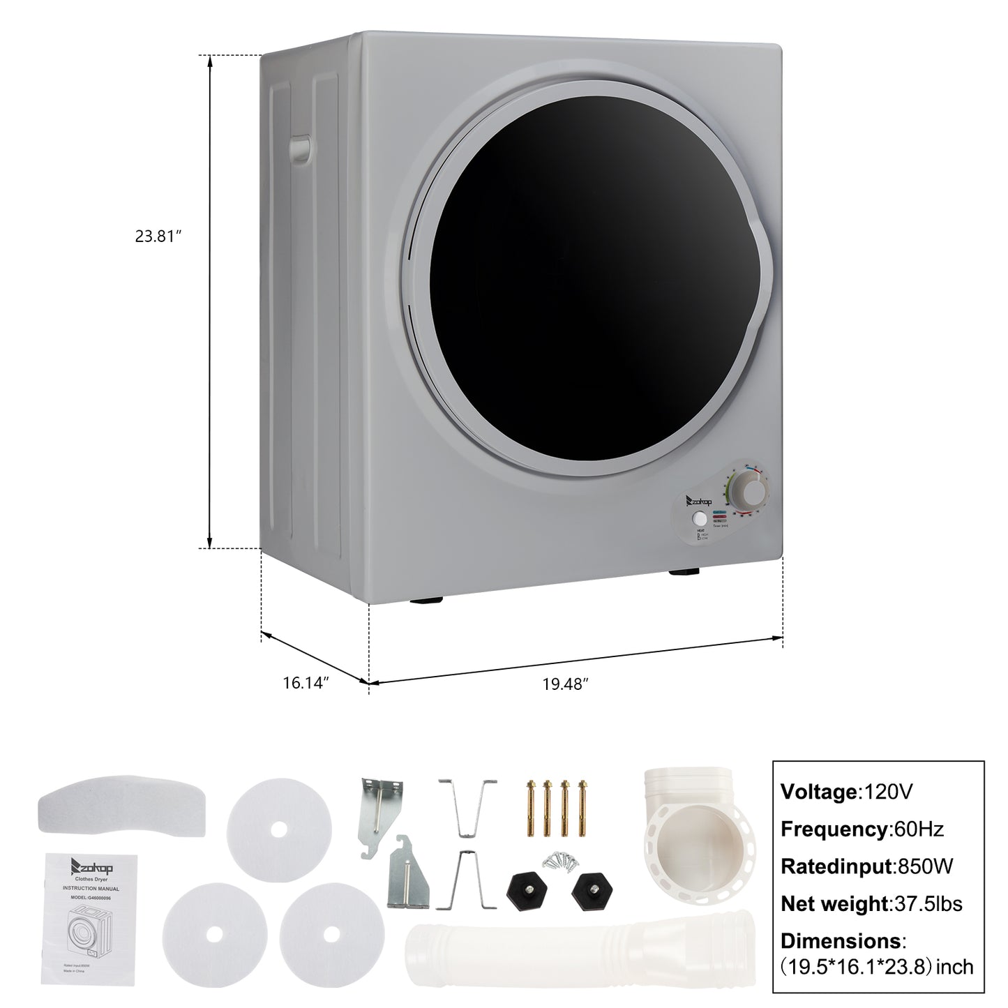 Household Appliances GYM25-78G2 Compact Portable Household clothes Dryer 2.5KG 1.6cuft with Stainless Steel Drum Black and White 120V MECHANICAL Control ETL Certification