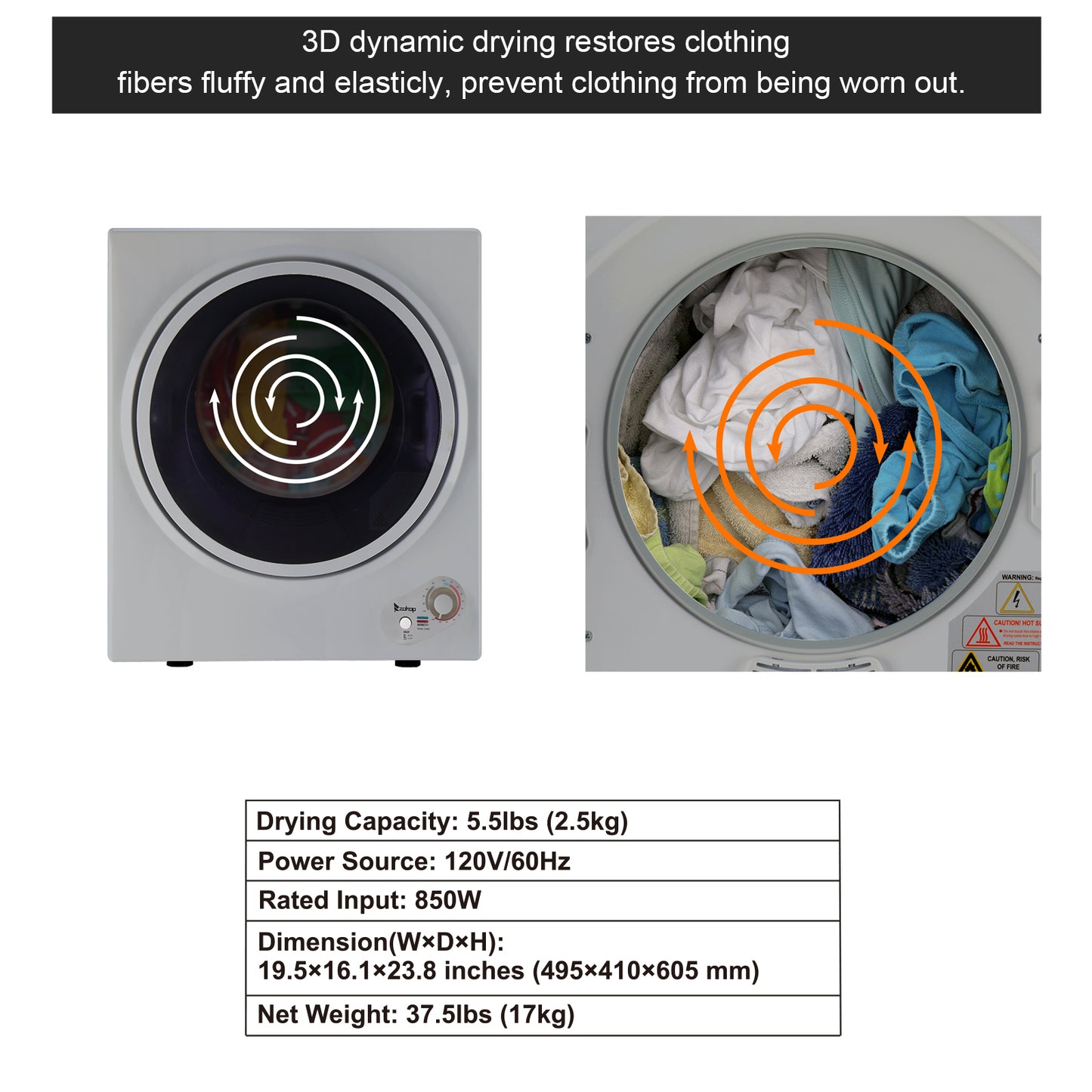Household Appliances GYM25-78G2 Compact Portable Household clothes Dryer 2.5KG 1.6cuft with Stainless Steel Drum Black and White 120V MECHANICAL Control ETL Certification