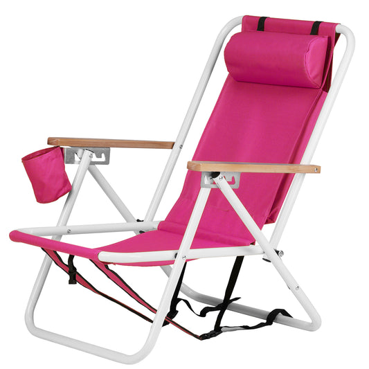 Outdoor, Recreational and Sports Folding Beach Chair, 4 Position Portable Backpack Foldable Camping Chair with Headrest Cup Holder and Wooden Armrests, Pink