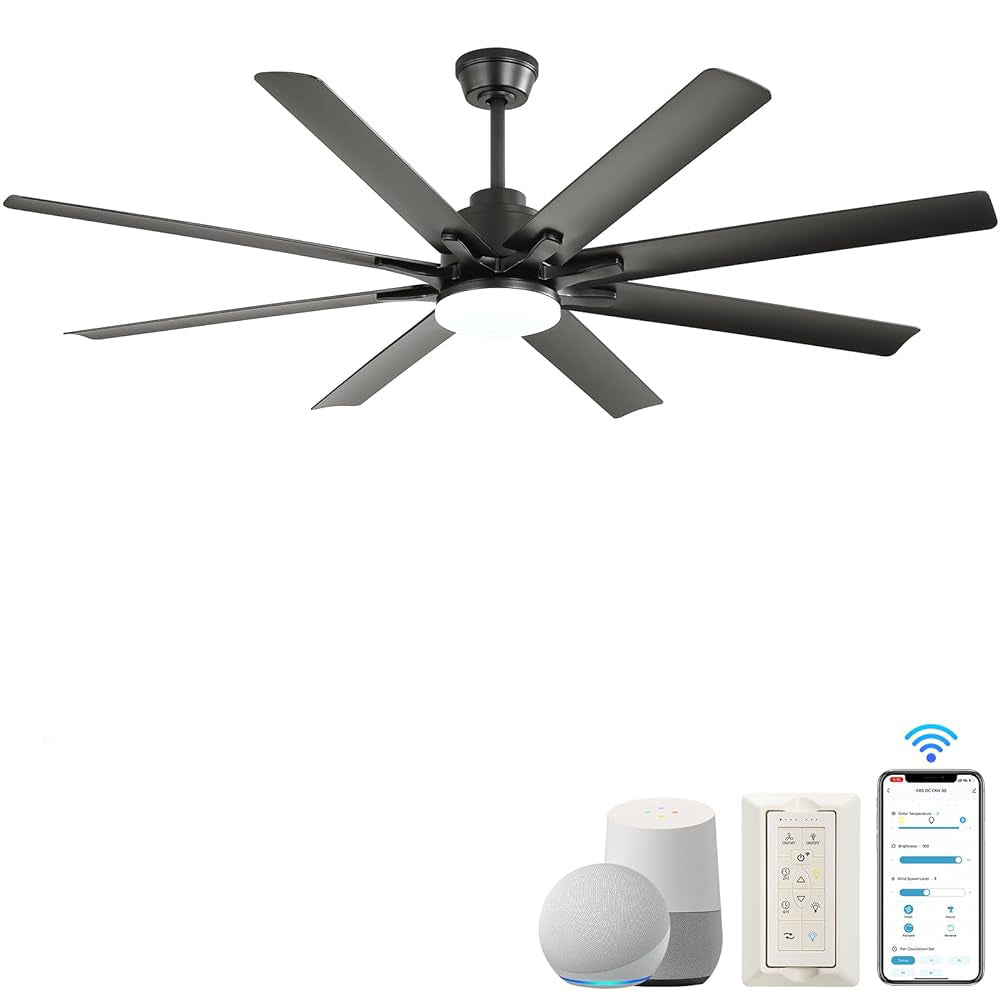 Household Appliances 66 Inch Modern Ceiling Fan With Dimmable Led Light 8 ABS Blades Smart Remote Control Reversible DC Motor Black For Home Office