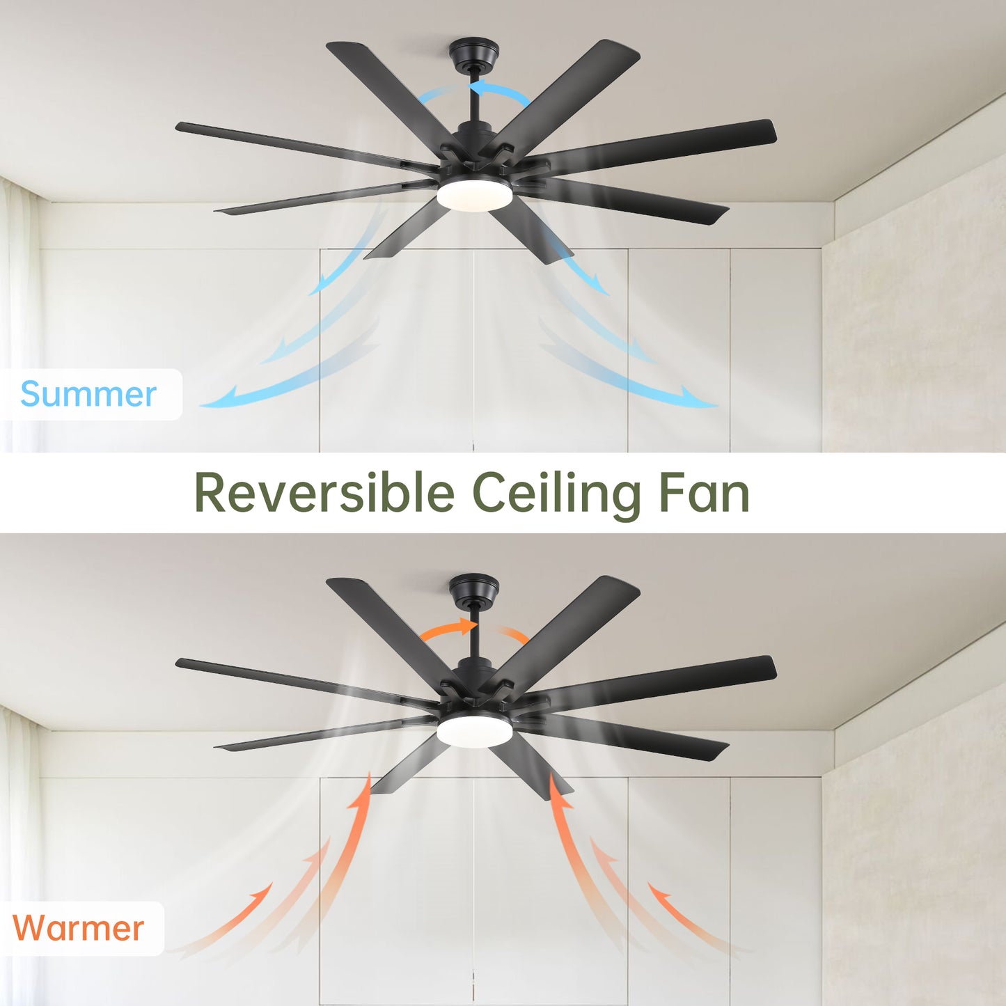 Household Appliances 66 Inch Modern Ceiling Fan With Dimmable Led Light 8 ABS Blades Smart Remote Control Reversible DC Motor Black For Home Office