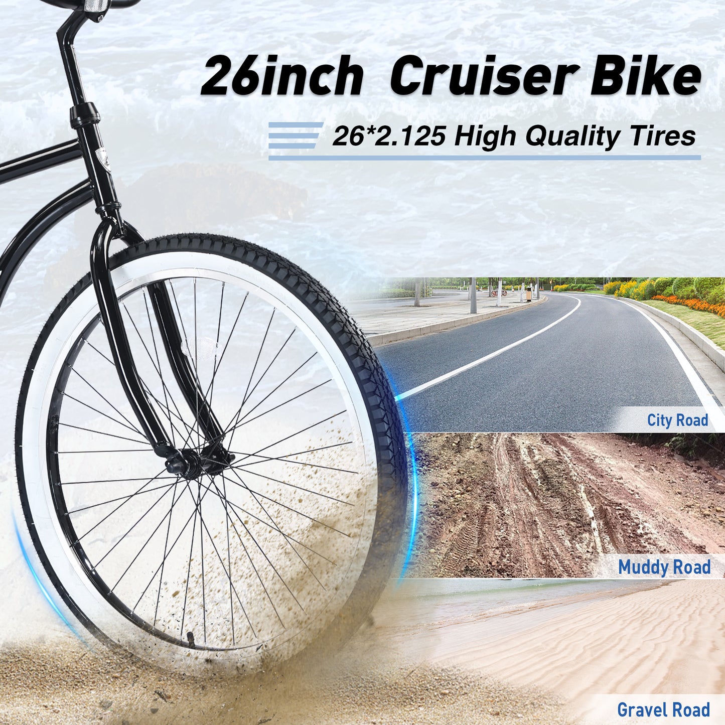 Ride and Slide Single Speed Bicycles 26"Inch,Steel Frame, Wide Wheels for Stability, Rear Coaster Brakes,Multiple Colors Men's Beach Cruiser Bike