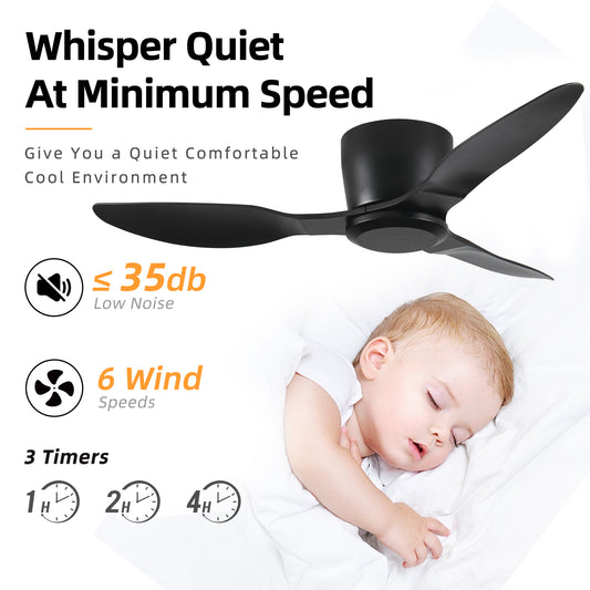 Household Appliances 42" Flush Mount Ceiling Fan without light, 3 Reversible Blades, with 6 Speeds Reversible DC Motor,Low Profile Ceiling Fan with no light for Living Room Kitchen Bedroom