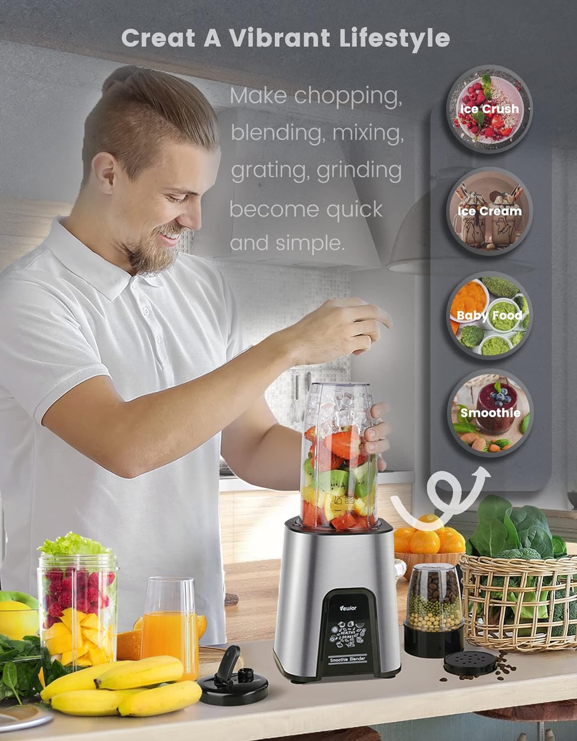 Kitchen Appliances VEWIOR Smoothie Blender, 900W Personal Blender for Shakes and Smoothies, Blenders for Kitchen, Smoothie Juice Mixer with 2 * 22Oz BPA-Free To-Go Cups