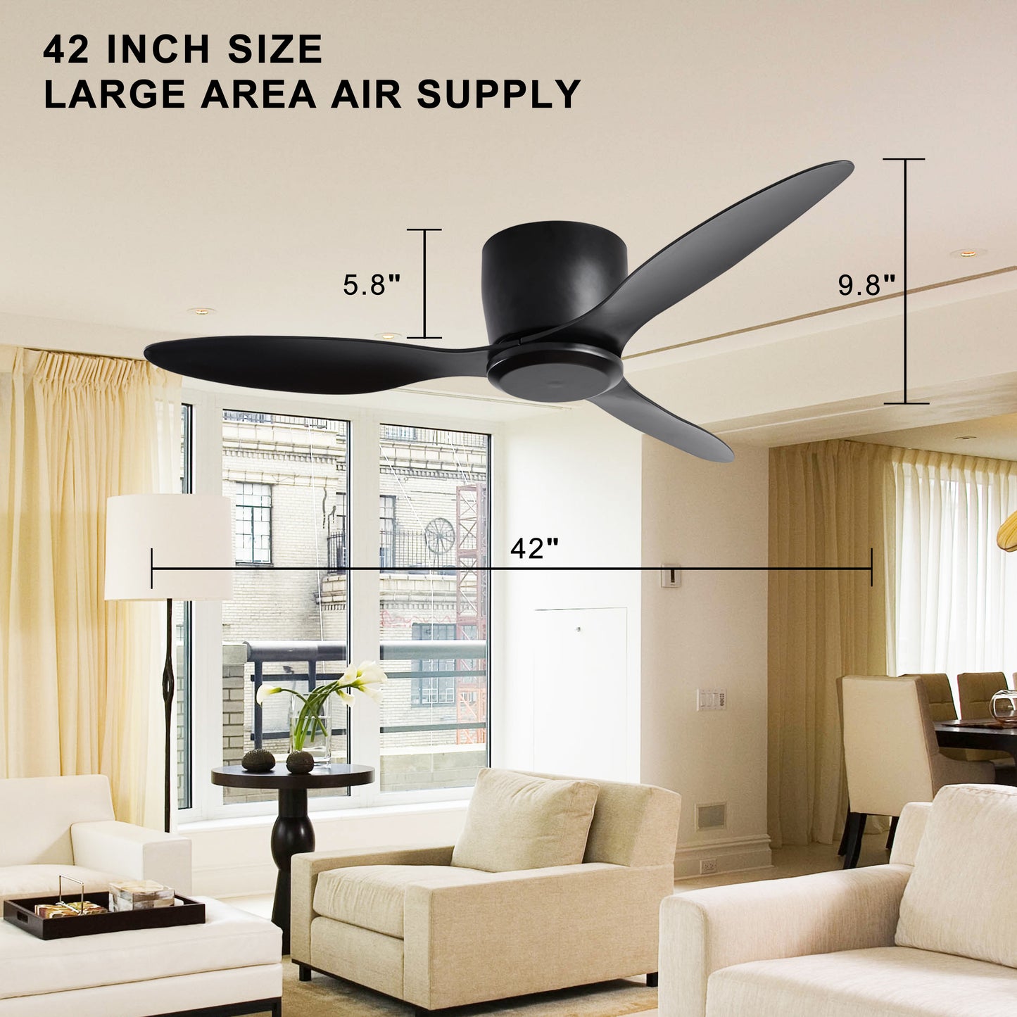 Household Appliances 42" Flush Mount Ceiling Fan without  light,  3 Reversible Blades, with 6 Speeds Reversible DC Motor,Low Profile  Ceiling Fan with no light for Living Room Kitchen Bedroom