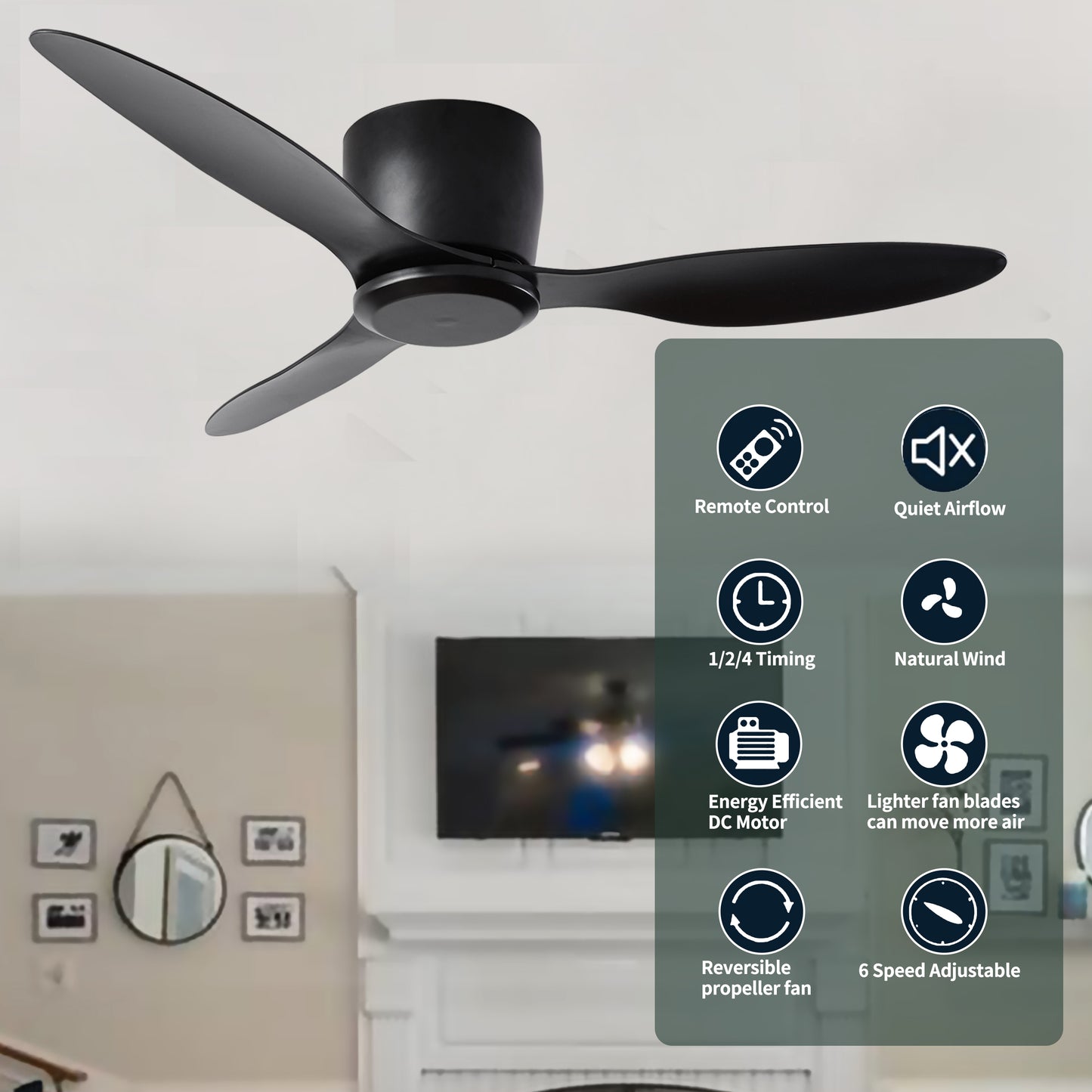 Household Appliances 42" Flush Mount Ceiling Fan without  light,  3 Reversible Blades, with 6 Speeds Reversible DC Motor,Low Profile  Ceiling Fan with no light for Living Room Kitchen Bedroom