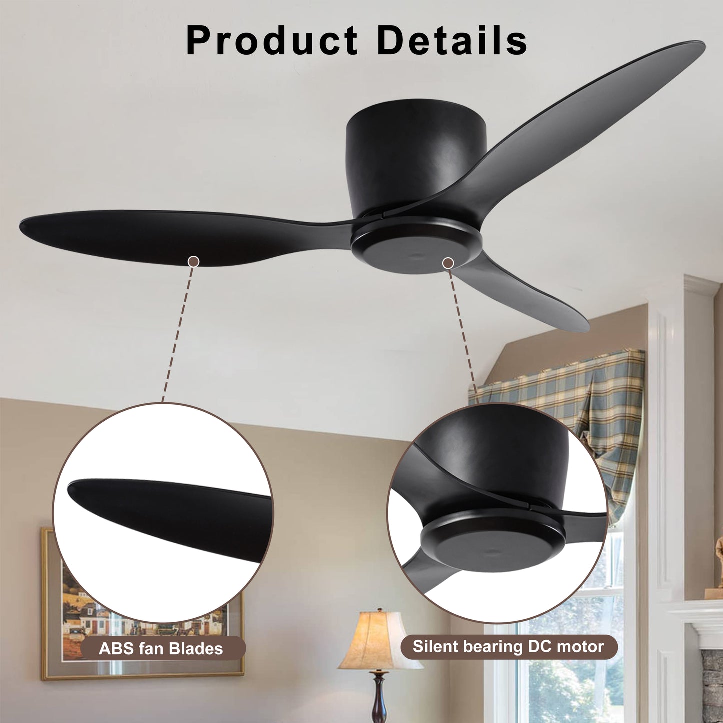 Household Appliances 42" Flush Mount Ceiling Fan without  light,  3 Reversible Blades, with 6 Speeds Reversible DC Motor,Low Profile  Ceiling Fan with no light for Living Room Kitchen Bedroom