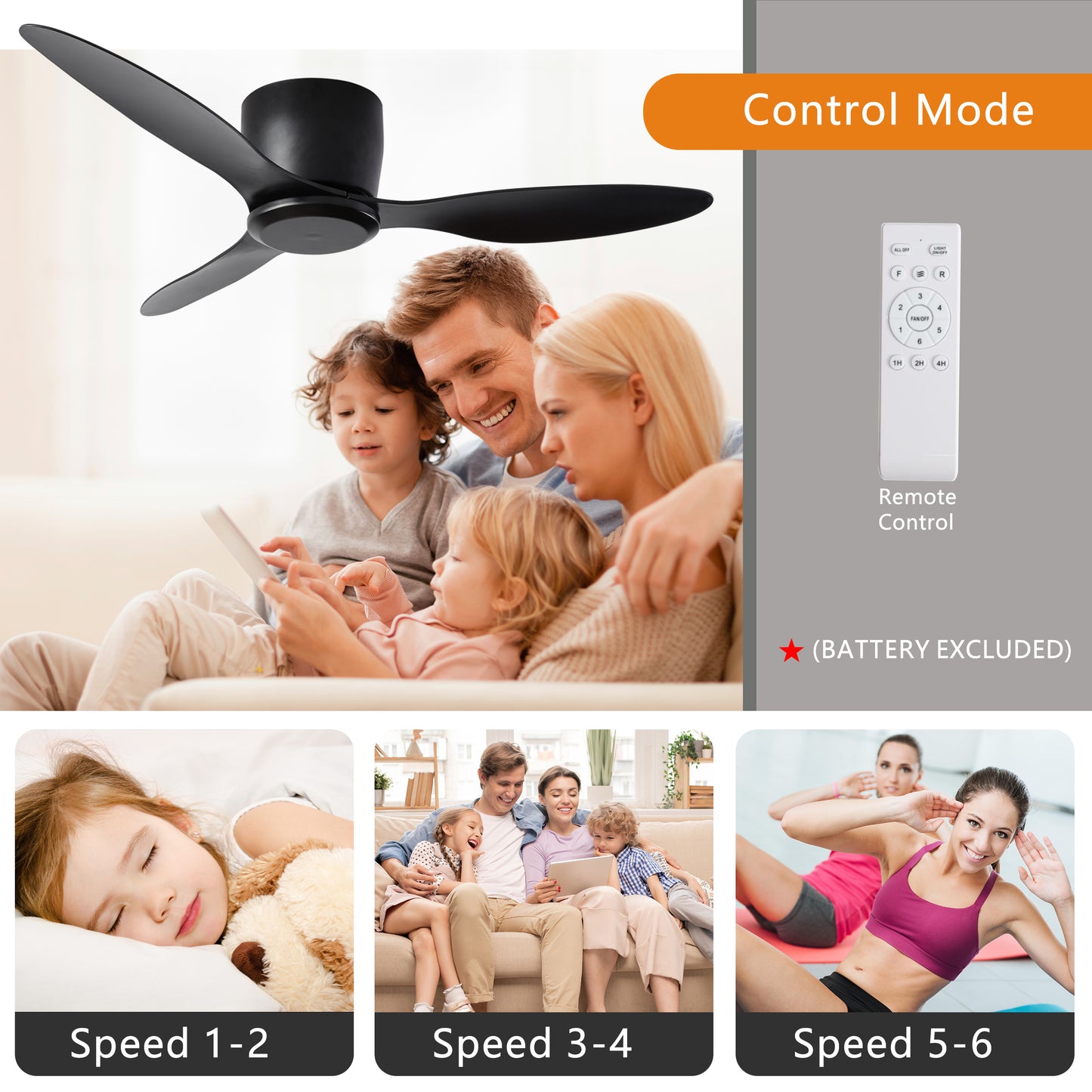 Household Appliances 42" Flush Mount Ceiling Fan without  light,  3 Reversible Blades, with 6 Speeds Reversible DC Motor,Low Profile  Ceiling Fan with no light for Living Room Kitchen Bedroom
