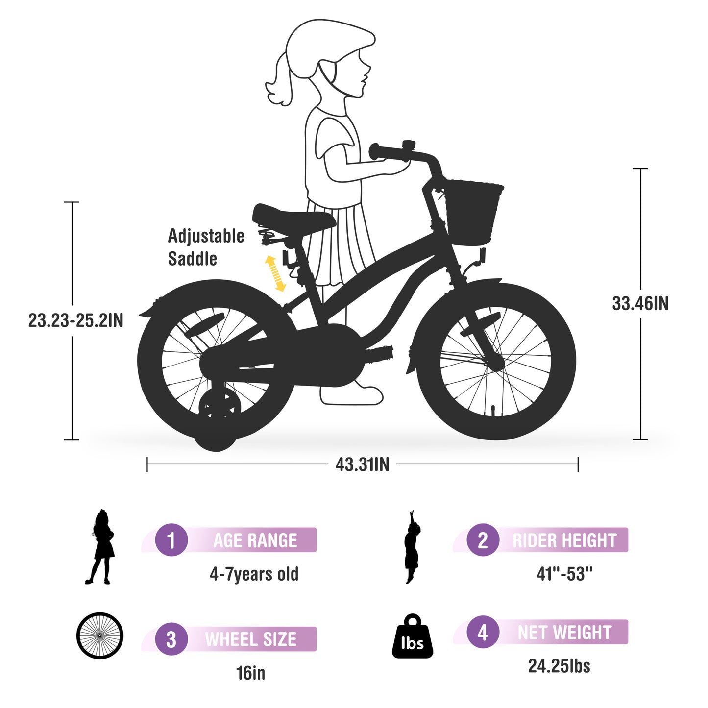 Ride and Slide Multiple Colors,Girls Bike for4-7 Years Old Kids,16 inch  wheel ,Training Wheels Included