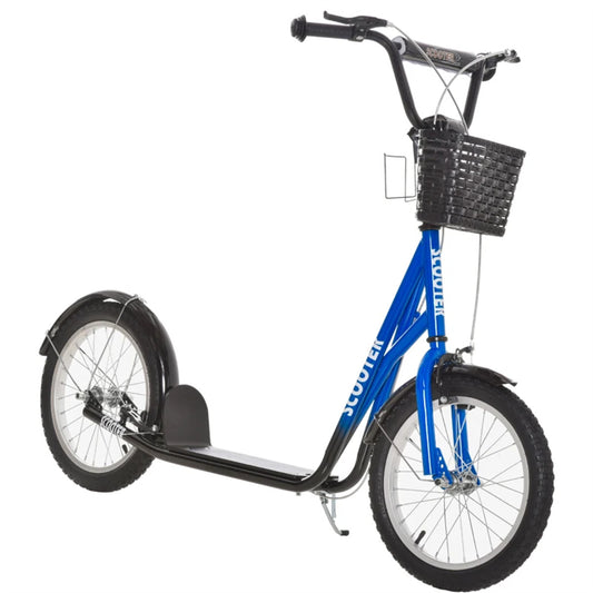 Ride and Slide Youth Scooter with Adjustable Handlebars and plastic basket  16" Inflatable Rubber Tires  -Blue