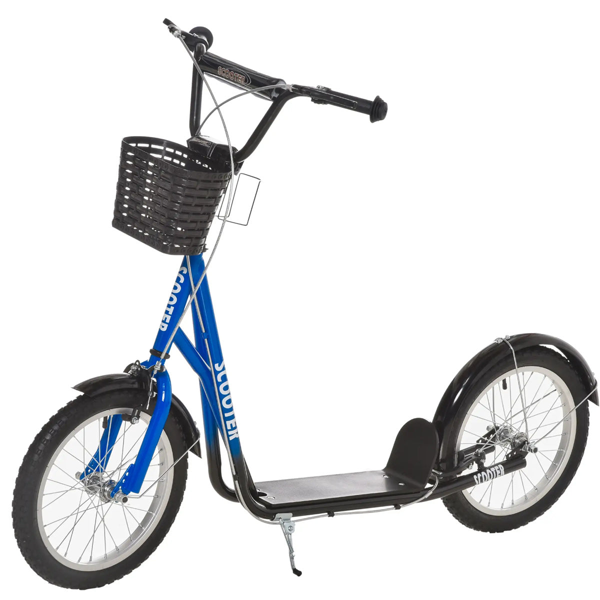 Ride and Slide Youth Scooter with Adjustable Handlebars and plastic basket  16" Inflatable Rubber Tires  -Blue