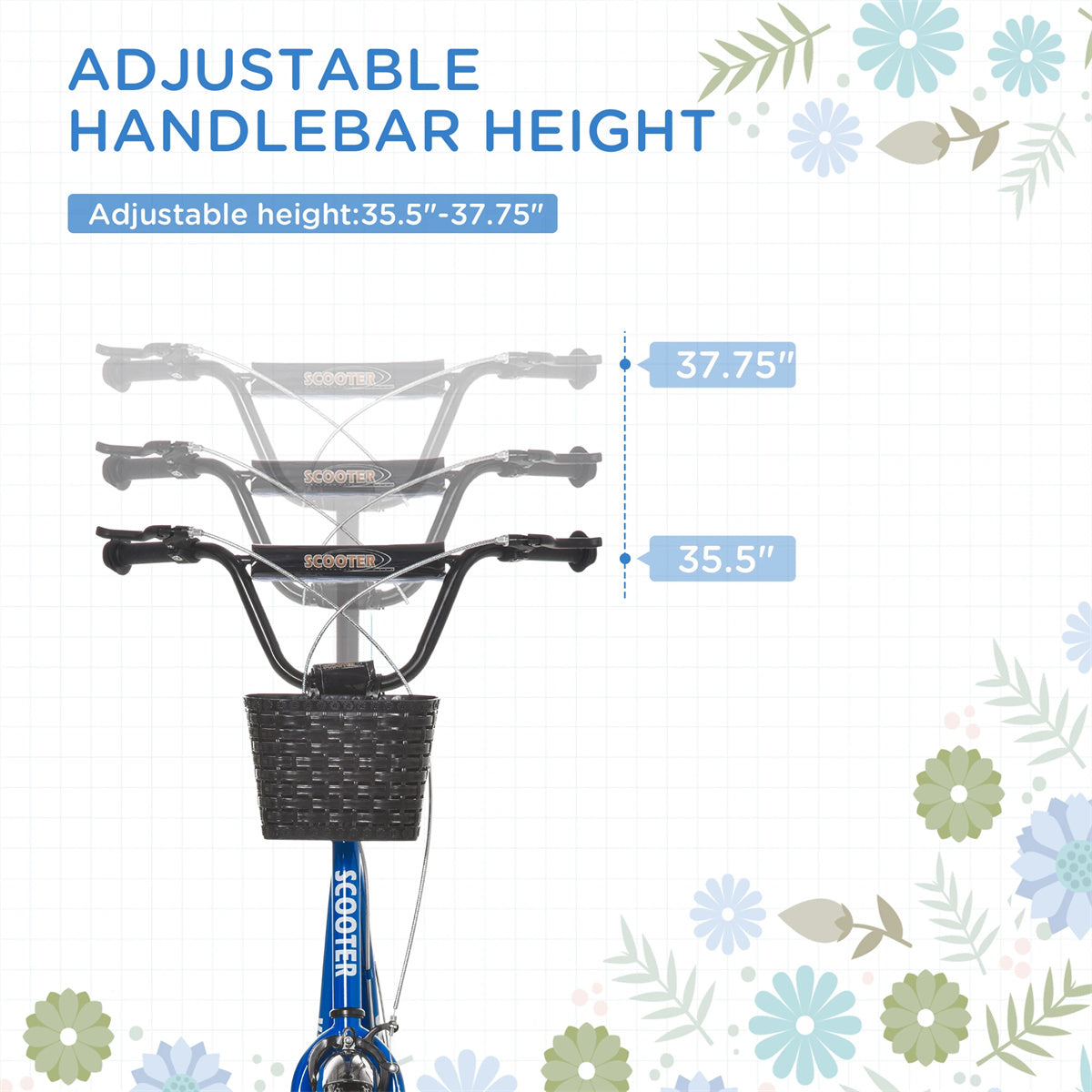 Ride and Slide Youth Scooter with Adjustable Handlebars and plastic basket  16" Inflatable Rubber Tires  -Blue