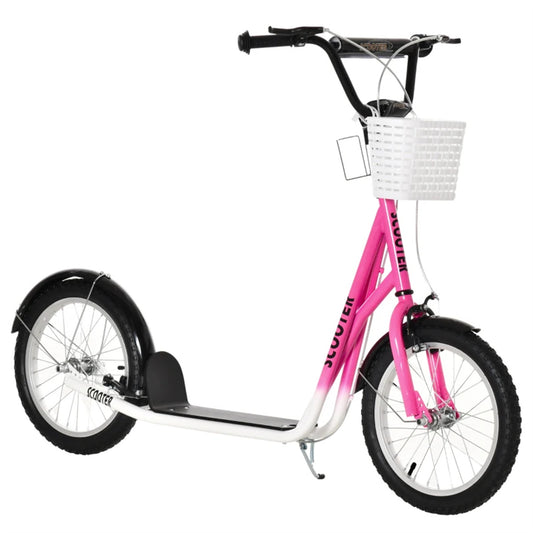 Ride and Slide Youth Scooter with Adjustable Handlebars and plastic basket  16" Inflatable Rubber Tires  -Pink
