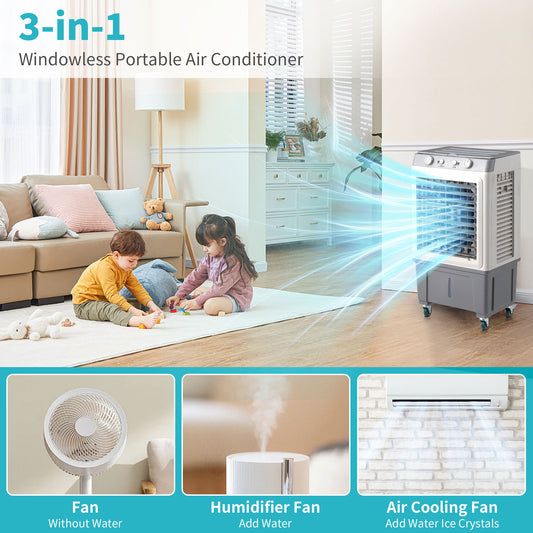 Household Appliances 3 in 1 Portable Evaporative Cooler,Indoor,Outdoor,2353CFM Personal Air Cooler,7.9 Gal Large Water Tank & Scroll Casters, 4 Ice Packs,White，Manual control