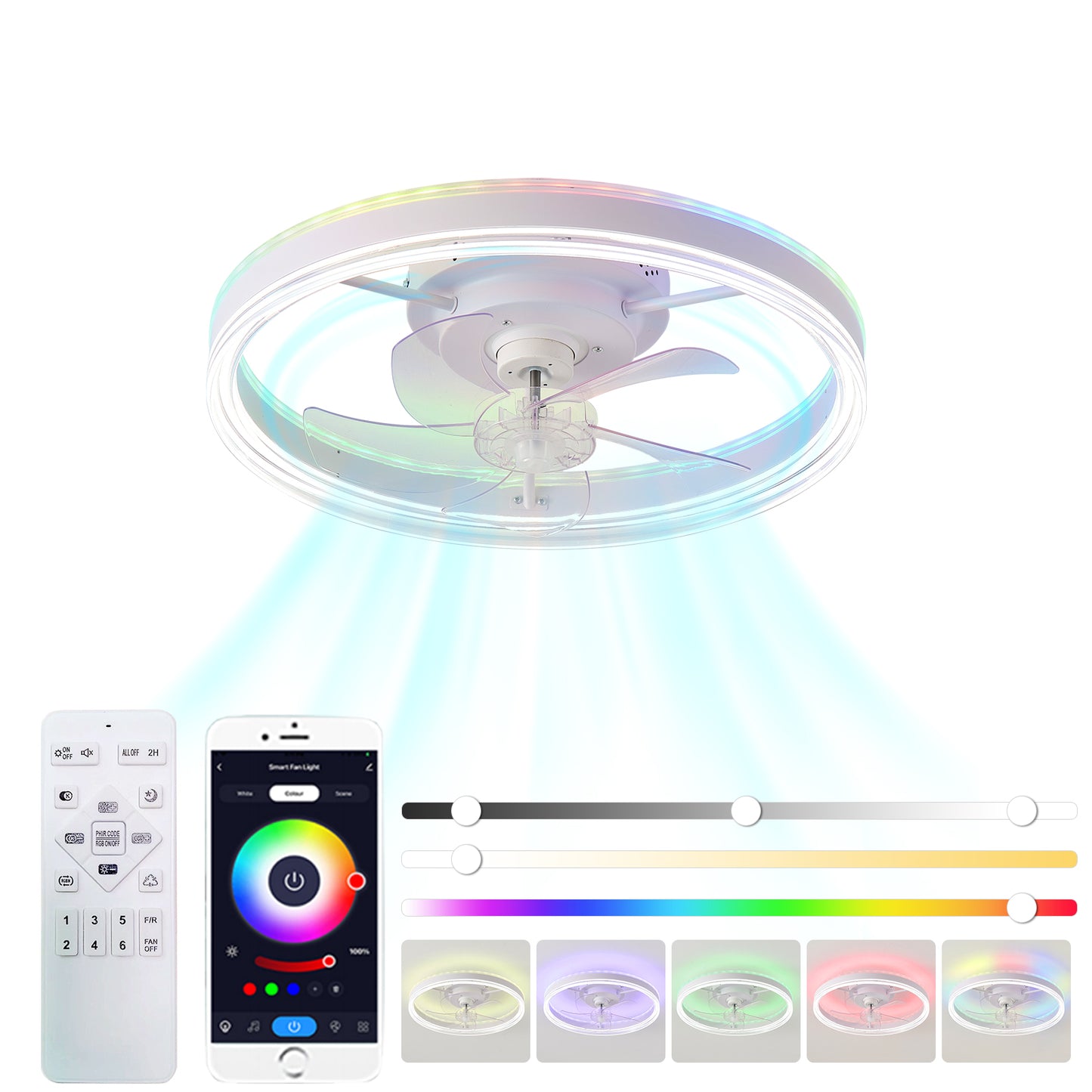 Household Appliances 19.7 inches fan light RGB color lights three color temperature 6-speed adjustable wind power positive and negative rotation