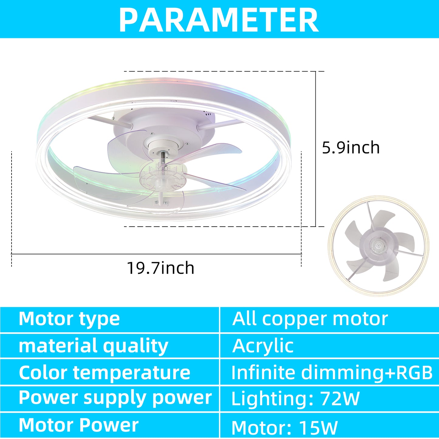 Household Appliances 19.7 inches fan light RGB color lights three color temperature 6-speed adjustable wind power positive and negative rotation