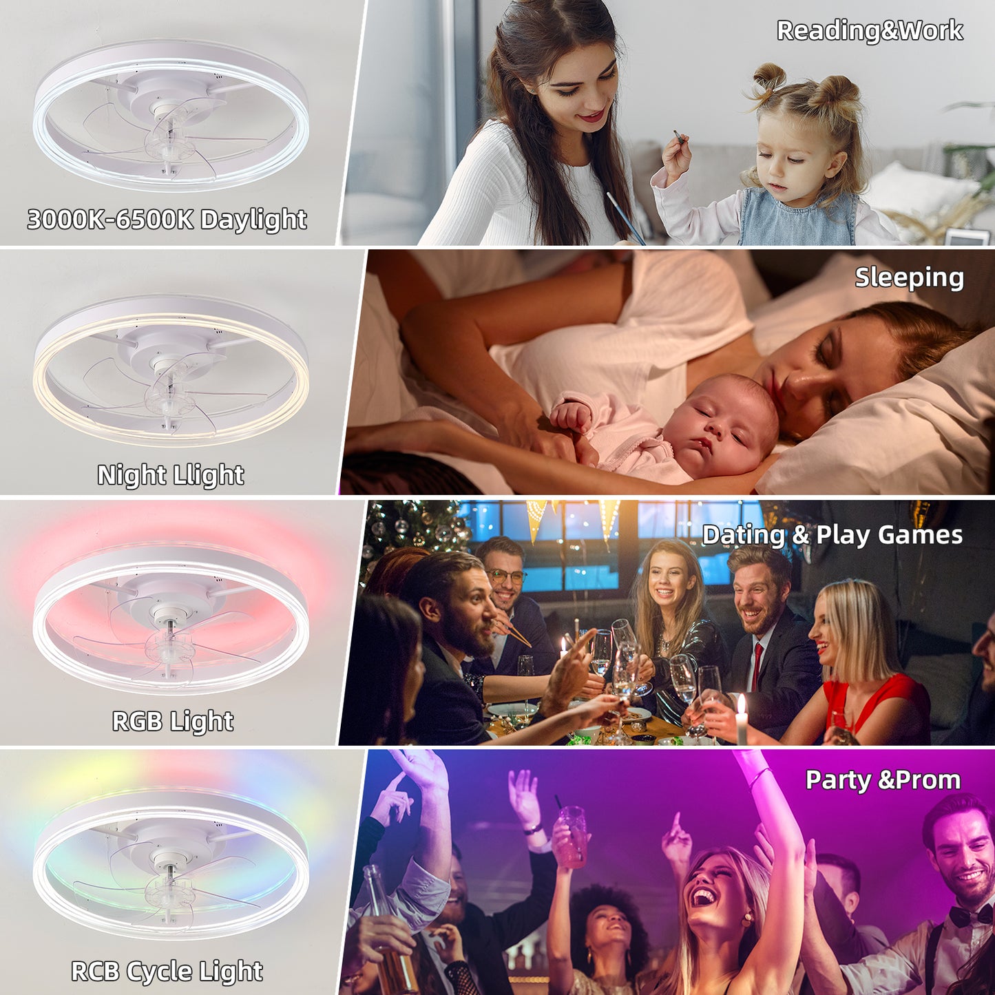 Household Appliances 19.7 inches fan light RGB color lights three color temperature 6-speed adjustable wind power positive and negative rotation