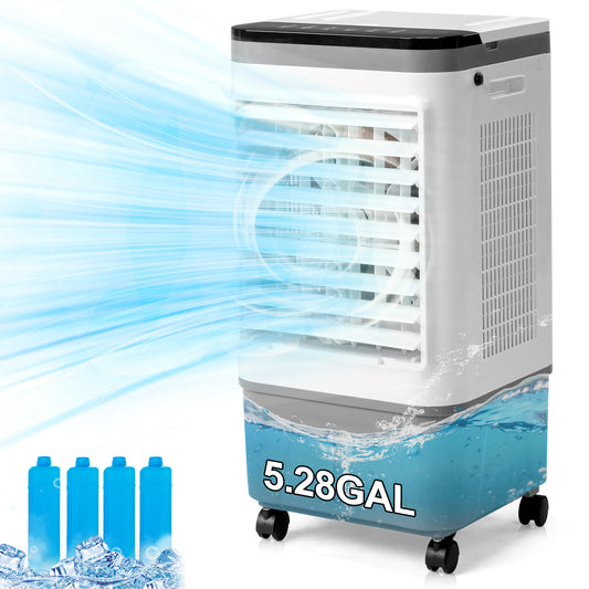 Household Appliances 3 in 1 Portable Evaporative Cooler,720R,Indoor,Outdoor,461CFM Air Cooler with remote,Copper motor,5.28 Gal Water Tank & Scroll Casters, 4 Ice Packs,12H timer settings,Gray and White